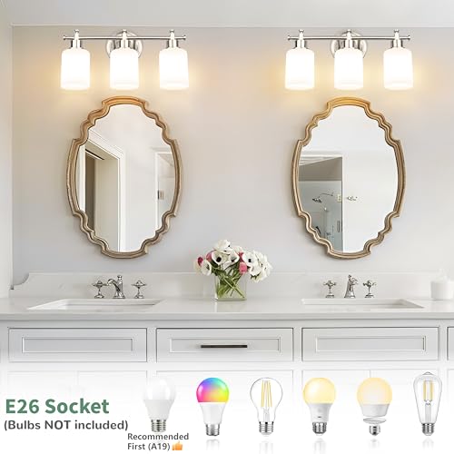 Image of 3-Light Bathroom Vanity Light Fixture, Brushed Nickel Compact Vanity Light with White Frosted Glass Shades for Mirror, Bathroom, Living Room, Modern Style, E26 Base, 16 Inch