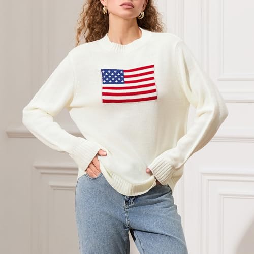 Image of Womens American Flag Sweater Long Sleeve Crew Neck Star Graphic Knit Pullover Tops Casual Loose USA Sweater