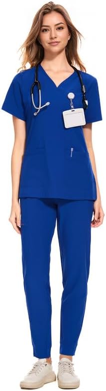 COZYFIT Medical Scrubs for Women Set - Curved V-Neck Scrub Top & Jogger Pants with 8 Pockets Royal Blue X-Small