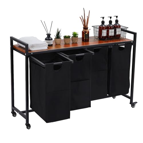 GarveeHome Laundry Hamper, Laundry Basket Organizer Laundry Sorter with 4 Pull-Out and Removable Bags, Wheels and Shelf, Dirty Clothes Hamper for Laun