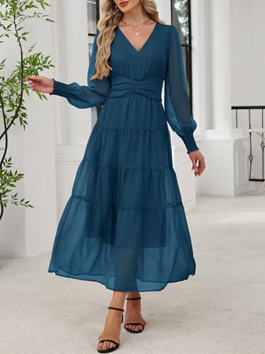 ANRABESS Womens Floral Long Sleeve Maxi Dress V Neck Chiffon Flowy Boho A-Line 2026 Spring Wedding Guest Party Wrap Dresses Teal Large — view 4
