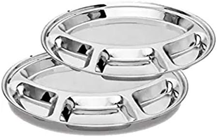 IndiaBigShop Stainless Steel Round Dining Plate 4 Compartment Thali, Dinner plates, Steel Plates, Restaurant Steel Plates, Dinner Partie Plates, Lunch Dinner Plates - 11.5 Inch - Set of 2