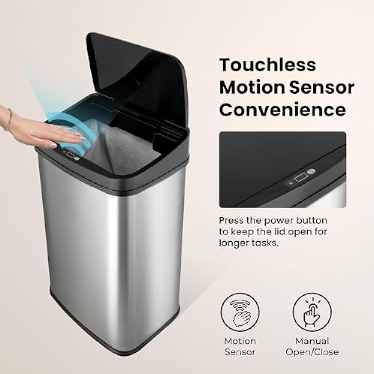 Ninestars 13 Gallon Automatic Trash Can, 50L Touchless Motion Sensor Garbage Can with Odor-Sealing Lid, Rectangular Stainless Steel, Black Trim