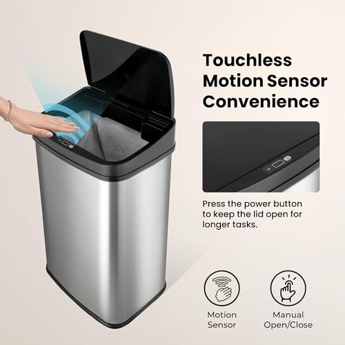 Ninestars 13 Gallon Automatic Trash Can, 50L Touchless Motion Sensor Garbage Can with Odor-Sealing Lid, Rectangular Stainless Steel, Blac...