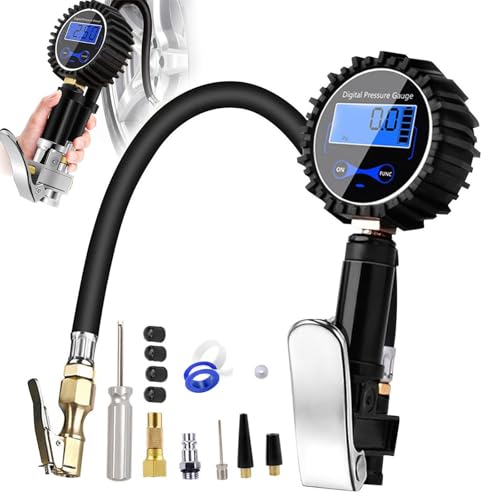 Manometre Pression Pneu, Jauges de Pression Des Pneus, Pistolet Gonfleur Pneus, Pistolet de Gonflage Manomètre, Manometre pour Pneu avec Accessoires pour Vélo Moto Camion Voiture Vtt