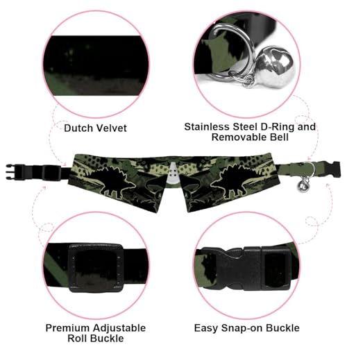 Hundehalsband mit Fliege und Glöckchen, originelles Dinosaurier-Camouflage-Muster, verstellbares Revers-Design, Katzen-Fliege, Halsband für kleine Haustiere, 2 Stück