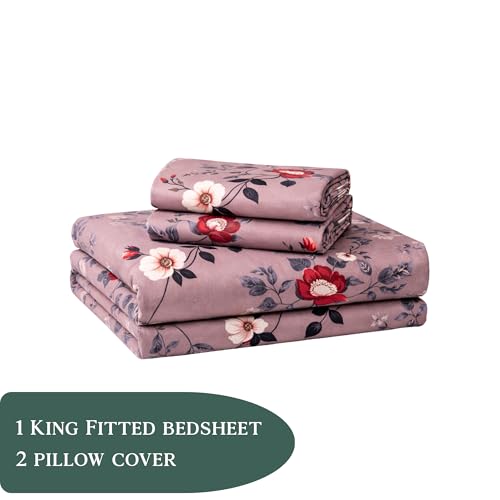 Image of THEA King Elastic Fitted Double Bedsheet Set| 100% Cotton Like Soft Fabric | Microfiber King Elastic Double Bedsheet for King Size Bed (72 X 78 x 10 inches) with 2 Pillow covers,Autumn Desire