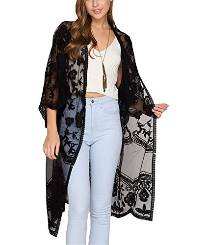 FSMO Damen Cardigan Lange Kleid Spitze Blumen Sommer Kimono Pareo Bikini Cover Up Leichte Jacke Strandkleid (Einheitsgröße, Schwarz)