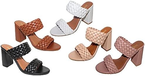 X2B Womens Braided Heeled Sandals Open Toe Block Strappy Slip On Slide Shoes Nude 6.5 | Image 1