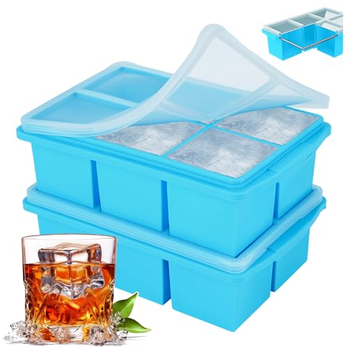 Image of Large Ice Cube Trays for Whiskey, Silicone Ice Cube Tray, with Reinforced Steel Ring Top, Makes 12 perfect 2-in ice cubes, Square Ice Tray for Cocktails, Whiskey, Coffee. (2 Pack)