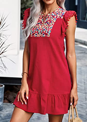 Image of KIRUNDO Boho Summer Mini Embroidered Dresses for Women | Floral Embroidery, Casual V Neck, Spring Fashion, Sleeveless Shift, Mexican Style, Ruffle Hem, Cute Country Concert Outfits