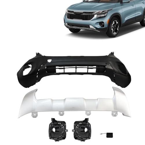 JX RACING Black Front Bumper Cover Kit with Skid Plate Fog Lamp Towing Hook Cover ABS Plastic Compatible with Kia Seltos 2024-2025 KI1014130 86511Q5800 86577-Q5810 86517-Q5800
