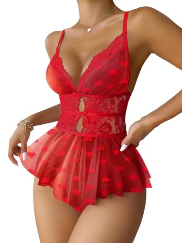 Image of Lilosy Sexy Bows Floral Lace Mesh Babydoll Lingerie Romper