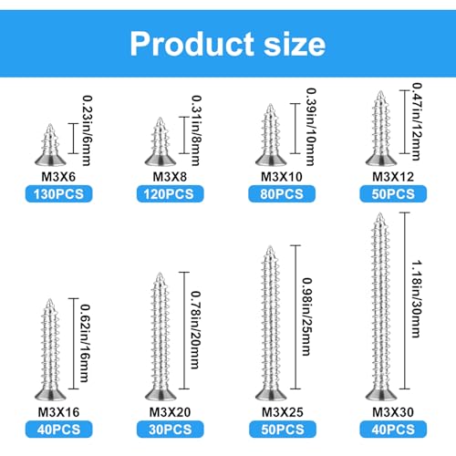 540 Stück M3 Schrauben Set, Selbstschneidende Schrauben, Senkkopf Holzschrauben Sortiment Set, Kreuzschlitzschrauben Blechschrauben, Flachkopfschrauben für Holz Weichmetall Kunststoff Reparatur