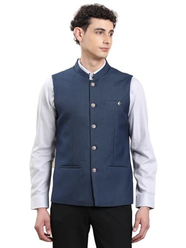 Image of Turtle Men Dobby Texture Tailored Fit Navy Blue Ethnic Waistcoat for Wedding, Reception & Traditional Events||Men's Waistcoat||Modi Jacket for Party, Festive & Formal Occasions