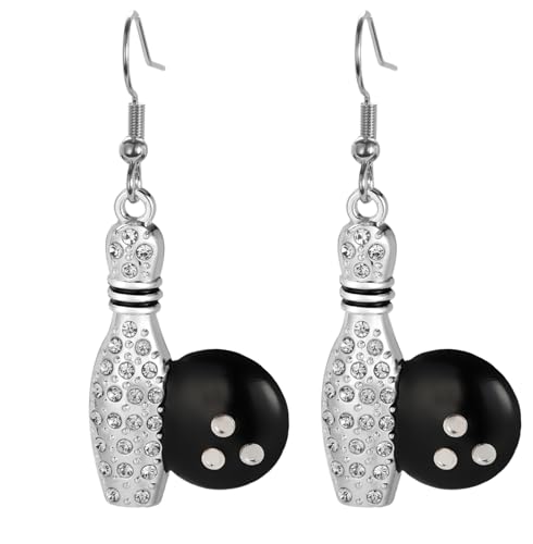 UNIFT Bowling Earrings for Women Alloy Chic Fashion Sports Style Bowling Ball with Diamonds Dangle Earrings Bowling Ball Lover Jewelry Gift, silver