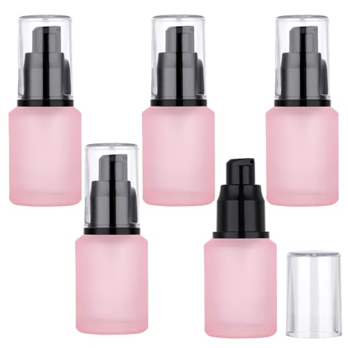 Image of Segbeauty 1oz Frosted Empty Glass Lotion Bottles, 5pcs Small Pump Bottle Travel Size Pump Dispenser, 30ml Pink Reusable Cosmetic Containers for Cream, Refillable Glass Travel Bottle for Toiletries