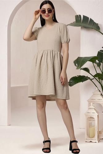 Image of POPWINGS Casual Self Crush Design Solid Knee Length Blouson Peplum Dress for Women || Stylish Summer Dress for Women || Knee-Length Dress for Women || V-Neck Dresses for Women