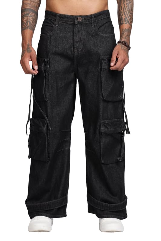 Men's Casual Wear High Rise Denim Coal Black Cargo Pant-image-9