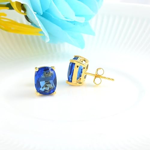 SeagullIN Women's 18K Gold Plated 8x10mm Princess Cut Gemstone Stud Earrings – Birthstone Jewelry for Her – Classic Cushion Studs (Blue Sapphire) by SeagullIN - Image 3