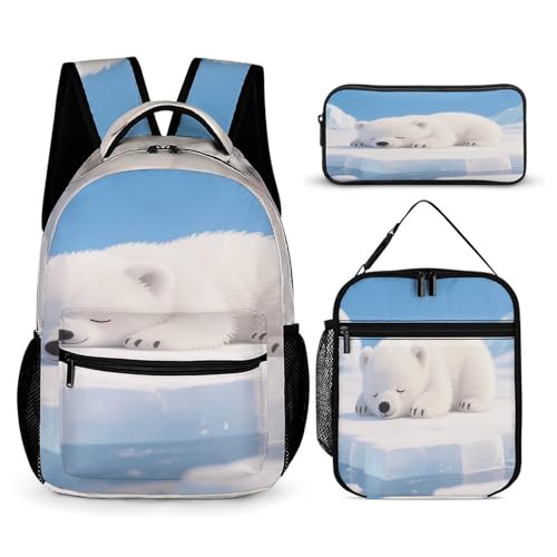 Little Polar Bear Printed Backpack With Lunch Pack Storage Box Case 3pcs Lightweight Travel Backpack