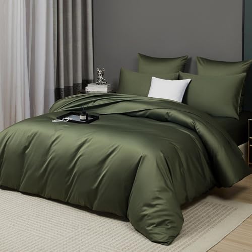Olive Green Cotton Duvet Cover Set King 100% Long-Staple Cotton