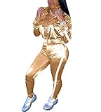Ophestin Women Casual 2 Piece Outfit Metallic Long Sleeve Tracksuit Pants Set Gold Size S