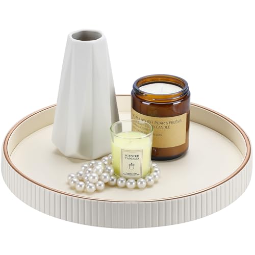 KINGFOM Round Tray, Candle Plate, PU Leather Large Tray Perfume Plate, Coffee Table Decor, Decorative Serving Trays Dining Table Accessories, 30 cm (White)