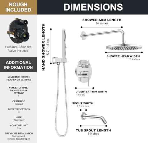 Image of Lava Odoro Modern 3-Setting Round Rain Bathtub and Shower Faucet Set, Chrome Rainfall Shower Head and Handle Set, Rain Shower System with Tub Spout, Shower Valve Trim Kit, Chrome, SF104-C-T