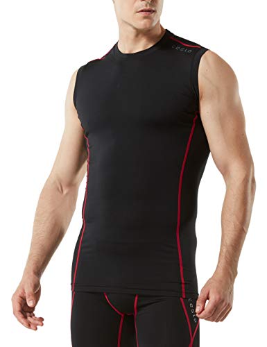 TSLA Men's R Neck Sleeveless Muscle Tank Dry Compression Baselayer, Unique(mua05) - Black & Red, Medium