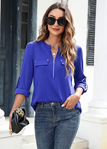 Image of Bulotus 3 /4 Length Sleeve Womens Striped Tops Zipper V Neck Collared Blouses Business Casual Tunics 2026 Spring Trendy