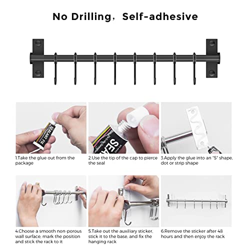 jopoo Stainless Steel Utensil Rack, Wall-Mounted Hanging Rail Rack with 8 Sliding Hooks, for Kitchen & Bathroom (Black) - Image 4