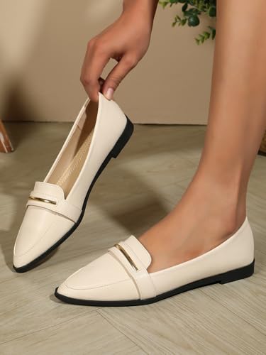 Image of Pointy Toe Penny Loafers for Women Dress Office Work Flats Shoes | Comfortable Women's Faux Suede Leather Slip On Flat Loafers for Driving Business Casual Cute Ballet Shoes