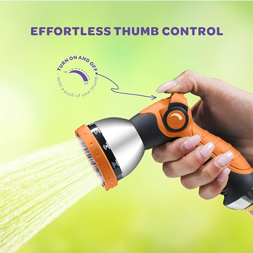 Image of Hose Nozzle [Orange] Heavy Duty Hose Sprayer With 10 Adjustable Watering Patterns. Thumb Control Design, Comfortable Ergonomic Grip, Garden Hose Nozzle for Watering Plants & Lawns /Fun showers /Cleaning