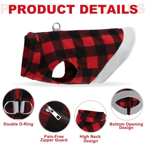 Image of Mihachi Dog Fleece Vest Sweater Zip Up Warm Pullover Step-in Dog Jacket with Dual D-Ring Leash, Winter Cold Weather Reflective Coat Clothes Hoodie for Small Medium Dogs Puppy Cat Boy Girl,Plaid L