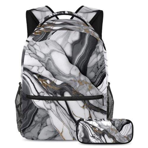 Sac à dos marbre gris avec trousse pour ados et enfants | École et loisirs