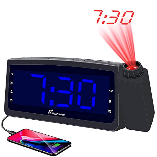 Vansky PAC02 USB Charger, Digital Projection Clock for Bedrooms, FM