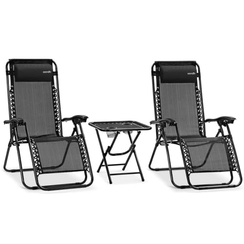 Zero Gravity Lounge Chair, Adjustable Steel Mesh Recliners, with Removable Pillows and Cup Holder Trays, Side Tables, Set of 2, Black by SereneLife - Used condition - CA$165.59