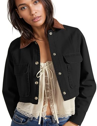 HangNiFang Womens Cropped Jacket Contrast Collar Outwear Long Sleeve Cotton Short Cargo Jacket with Pockets