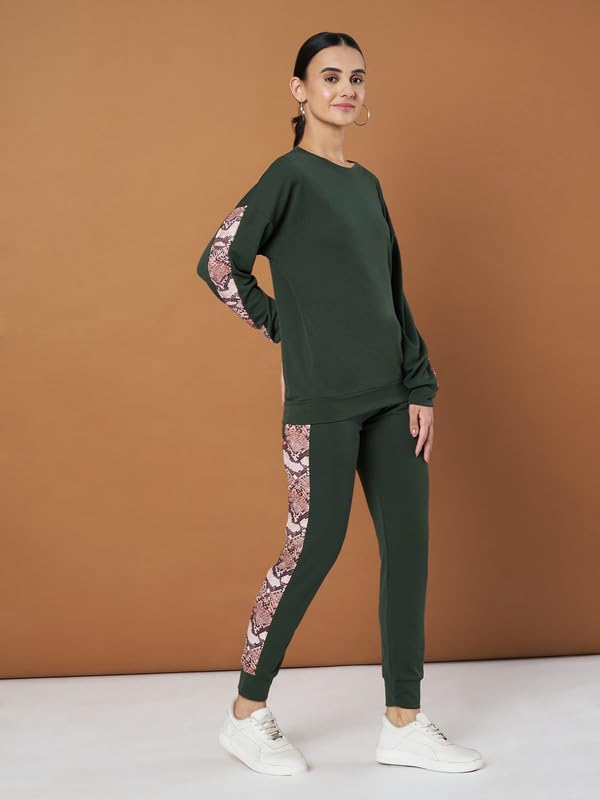 Image of DTR FASHION Cotton Blend Styled With Snake Skin Print On Sleeves Tracksuit | Co-ord Set For Women| Active Wear Suit Set For Women|