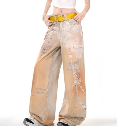 Y2k Unisex Vintage 3D Chain Lace Print Harajuku Baggy Wide Leg Jeans Hiphop Punk Streetwear Grunge Casual Denim Pants3