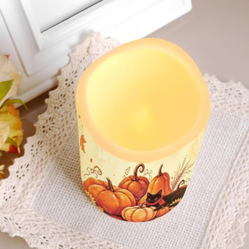 Image of Fall Black Cat Battery Operated Candles Set of 4 | Thanksgiving Day Battery Operated LED Pillar Candles, Flickering Flame, Multi‑Color Changing, Home Decor for Living Room