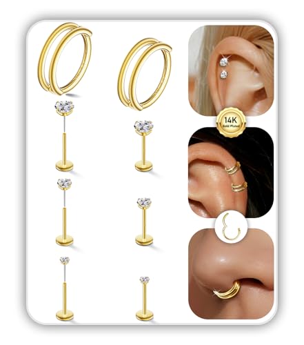 14K Gold Plated Gold Cartilage Hoop Earrings Double Hoop 16G Helix Earrings with 3 Pairs Threadless Flat Back Studs, 316L Surgical Steel Hypoallergenic Piercing Jewelry for Women & Men
