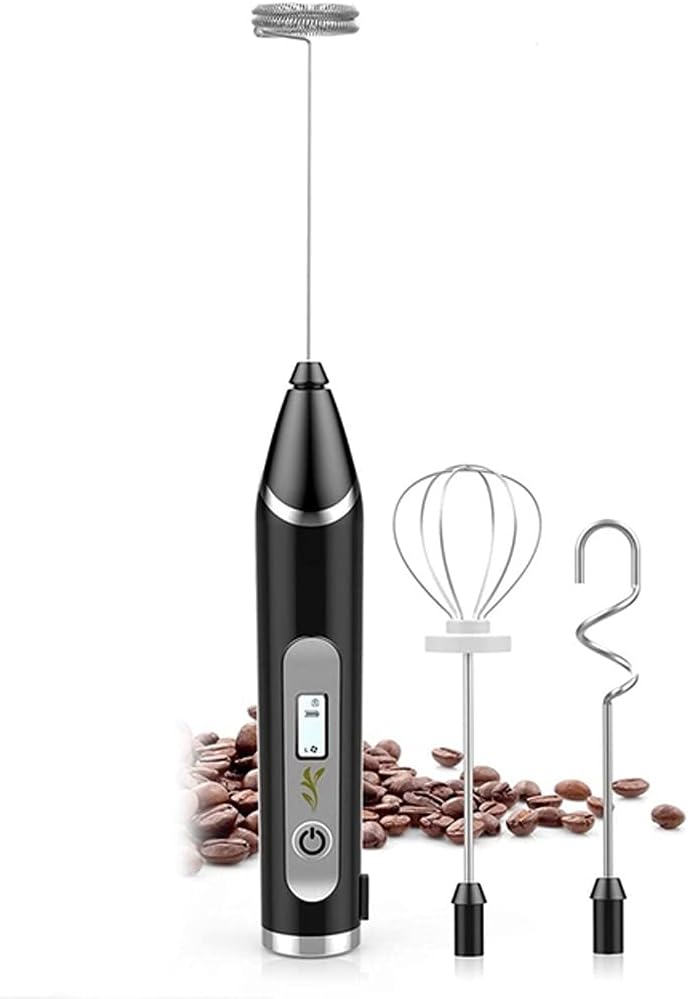 Milk Frother USB Rechargeable Hand Mixer with 3 Stainless Steel Whisk LCD Display 3 Speeds Handheld Frother Whisk (Color : Black Size : As shown)