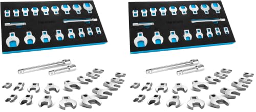 Image of DURATECH 3 /8 inch Drive Crowfoot Wrench Set with 2 Extension Bars, SAE & Metric, 19-Piece, 10-22mm & 3 /8 inch-7 /8 inch, CR-V Steel, with EVA Foam Tool Organizer (Pack of 2)