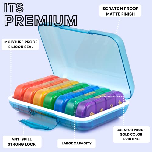 Image of Premium weekly pill organizer 4 times a day, Medicine organizer box| Medicine box, portable travel pill box weekly with large compartments moisture-proof pill case for vitamin, Medicine, pills, supplements (Mulitcolor-4 Compartment)