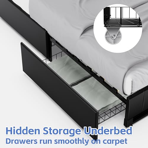 LUODIER Queen Size Leather Bed Frame with Storage Drawers, LED Lights Adjustable Headboard & Led Lights Footboard, Upholstered Platform Bed Frame, Vertical Stitching Design, Black (Black, Queen) - Thumbnail 6