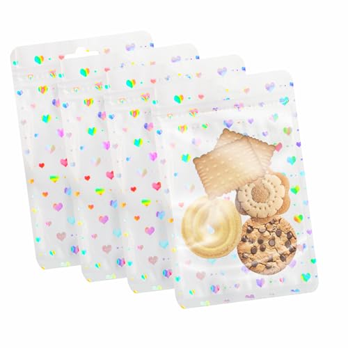 100 Pcs Holographic Resealable Packaging Bags for Small Business Supplies, Cute Small Plastic Smell Proof Zip Foil Pouch Baggies for Lip Gloss Soap Party Food Storage 4x6inch