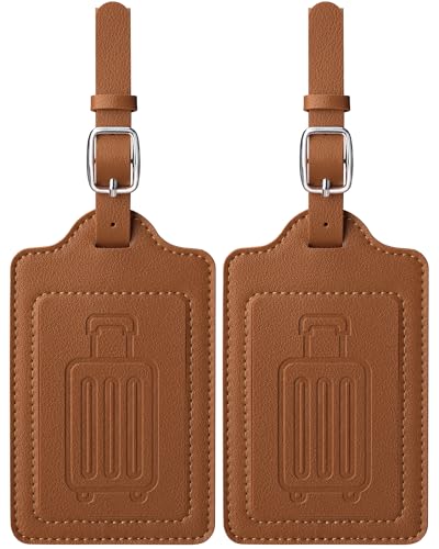 Teskyer 2 Stück Kofferanhänger, Kofferanhänger Flugreise, PU Leder, Zerklüftet, Schnelle Identifikation, Schutz der Privatsphäre, Gepäckanhänger, mit Adressschild, Braun