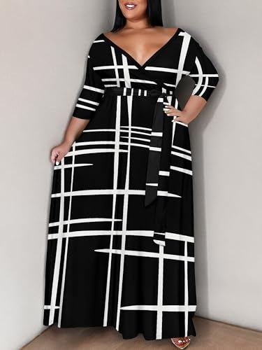 Image of PinkPatty Women's Plus Size Maxi Dress Print 3 /4 Sleeves V Neck Party Sundress Wedding Guest Dresses